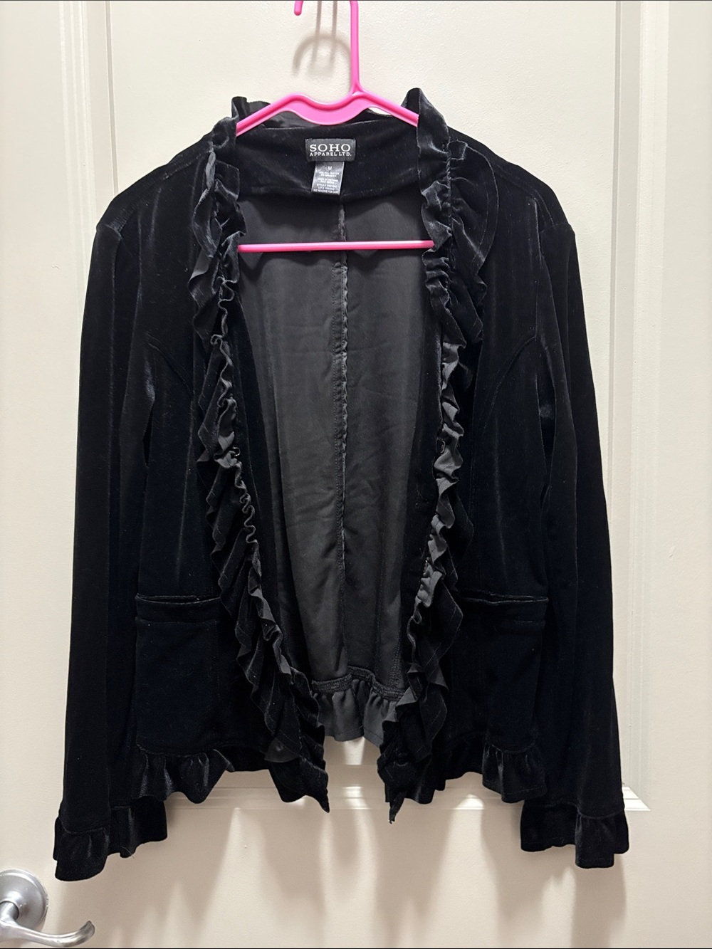 Soho Black Velvet Ruffle Open-Front Blazer